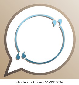 Text quote sign. Bright cerulean icon in white speech balloon at pale taupe background. Illustration.