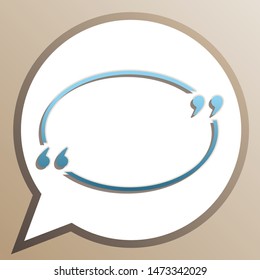 Text quote sign. Bright cerulean icon in white speech balloon at pale taupe background. Illustration.