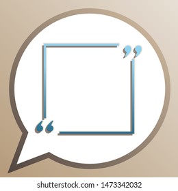 Text quote sign. Bright cerulean icon in white speech balloon at pale taupe background. Illustration.