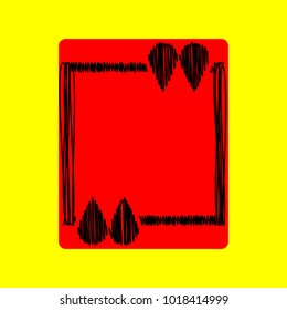 Text quote sign icon. Vector. Black scribble icon in red container with rounded corners at yellow background. Isolated.
