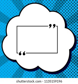 Text quote sign. Vector. Black icon in bubble on blue pop-art background with rays.