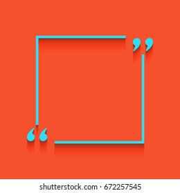 Text quote sign. Vector. Blue icon with soft shadow putted down on flamingo background.