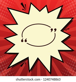 Text quote sign. Vector. Dark red icon in lemon chiffon shutter bubble at red popart background with rays.