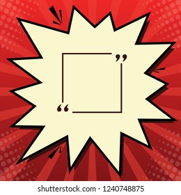 Text quote sign. Vector. Dark red icon in lemon chiffon shutter bubble at red popart background with rays.