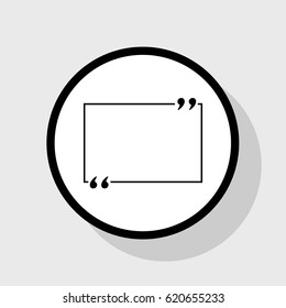 Text quote sign. Vector. Flat black icon in white circle with shadow at gray background.