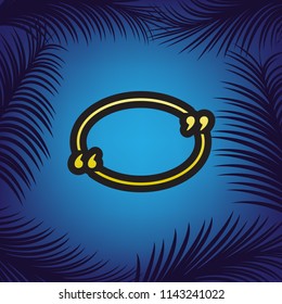 Text quote sign. Vector. Golden icon with black contour at blue background with branches of palm trees.