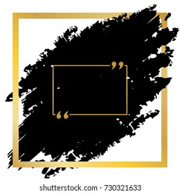 Text quote sign. Vector. Golden icon at black spot inside golden frame on white background.