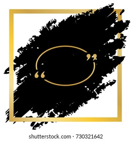Text quote sign. Vector. Golden icon at black spot inside golden frame on white background.