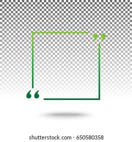 Text quote sign. Vector. Green gradient icon with shadow at bottom on transparent and white background.
