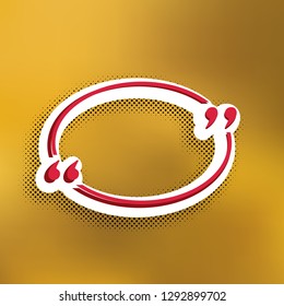Text quote sign. Vector. Magenta icon with darker shadow, white sticker and black popart shadow on golden background.