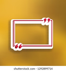 Text quote sign. Vector. Magenta icon with darker shadow, white sticker and black popart shadow on golden background.