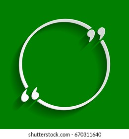 Text quote sign. Vector. Paper whitish icon with soft shadow on green background.