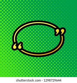Text quote sign. Vector. Pop art orange to yellow dots-gradient icon with black contour at greenish background.