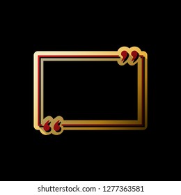 Text quote sign. Vector. Red icon with small black and limitless shadows at golden sticker on black background.