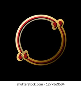 Text quote sign. Vector. Red icon with small black and limitless shadows at golden sticker on black background.