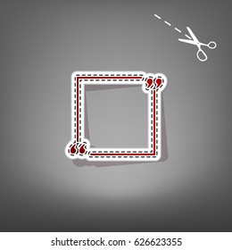 Text quote sign. Vector. Red icon with for applique from paper with shadow on gray background with scissors.