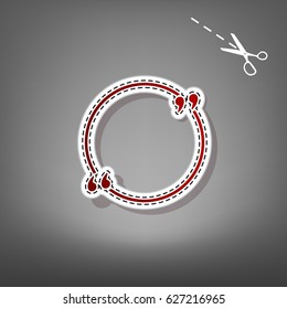 Text quote sign. Vector. Red icon with for applique from paper with shadow on gray background with scissors.