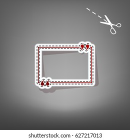 Text quote sign. Vector. Red icon with for applique from paper with shadow on gray background with scissors.