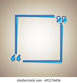 Text quote sign. Vector. Sky blue icon with defected blue contour on beige background.