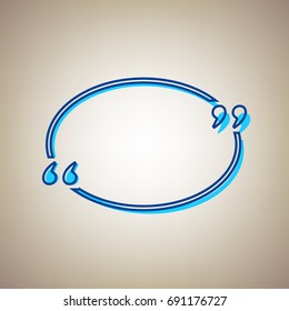 Text quote sign. Vector. Sky blue icon with defected blue contour on beige background.