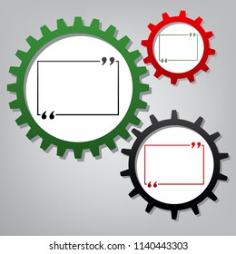 Text quote sign. Vector. Three connected gears with icons at grayish background.