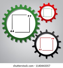 Text quote sign. Vector. Three connected gears with icons at grayish background.