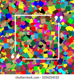 Text quote sign. Vector. White icon on colorful background with seamless pattern from squares.