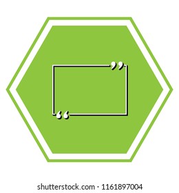 Text quote sign. Vector. White icon with black shadow at yellow green honeycomb on white background.