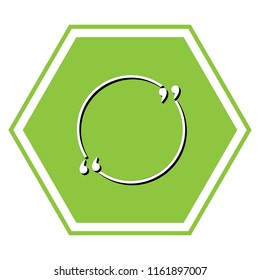 Text quote sign. Vector. White icon with black shadow at yellow green honeycomb on white background.