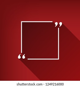 Text quote sign. Vector. White icon with limitless shadow at ruby red background.
