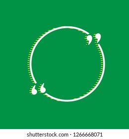 Text quote sign. Vector. White flat icon with yellow striped shadow at green background.