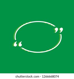 Text quote sign. Vector. White flat icon with yellow striped shadow at green background.