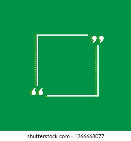 Text quote sign. Vector. White flat icon with yellow striped shadow at green background.