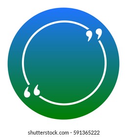 Text quote sign. Vector. White icon in bluish circle on white background. Isolated.