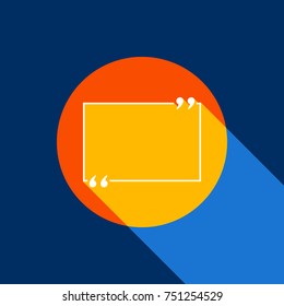 Text quote sign. Vector. White icon on tangelo circle with infinite shadow of light at cool black background. Selective yellow and bright navy blue are produced.