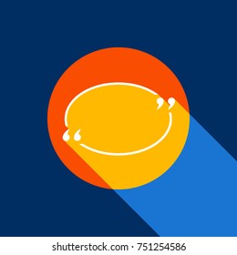 Text quote sign. Vector. White icon on tangelo circle with infinite shadow of light at cool black background. Selective yellow and bright navy blue are produced.