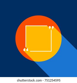 Text quote sign. Vector. White icon on tangelo circle with infinite shadow of light at cool black background. Selective yellow and bright navy blue are produced.