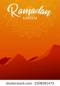 Text Ramadan Kareem on the background of abstract sun over mountains. Festive design for greeting card or poster for Ramadan.
