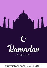 Texto Ramadan Kareem sobre el fondo de la silueta del Taj Mahal. Diseño festivo para tarjeta de felicitación, Anuncio o cartel para Ramadán.