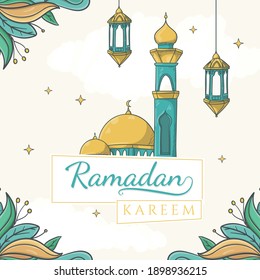 text Ramadan Kareem on paper tags with hand drawn mosque and islamic ornament