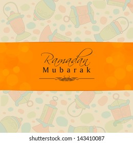 Text Ramadan Mubarak on seamless Arabic lantern background.