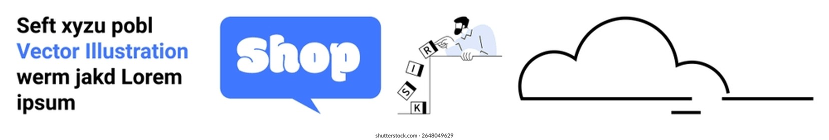 Text with random words, blue speech bubble with Shop written, person working with computer, and cloud represent online services. Ideal for e-commerce, cloud storage, technology, digital data