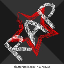 Text Rap painted rough brush. Intermittent star. Dark background. White, red, black, gray. Abstract.