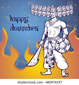Text and Ravana in fire. Postcard for holiday in India. Happy Dussehra.