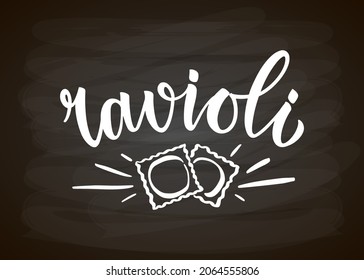 Text Ravioli on textured background for menu, restaurant, kitchen, postcard, card, banner, poster. Ravioli typography poster. Ravioli pasta vector typography. Vector illustration EPS 10.