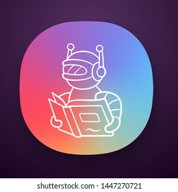 Text Reading Bot App Icon. Screen Reader App, Translation Algorithms. Virtual Assistant. Robot With Book. Software App. UI/UX User Interface. Web Or Mobile Application. Vector Isolated Illustration