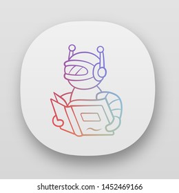 Text Reading Bot App Icon. Screen Reader Application. Virtual Assistant. Robot With Book. Software Application. UI/UX User Interface. Web Or Mobile Applications. Vector Isolated Illustrations