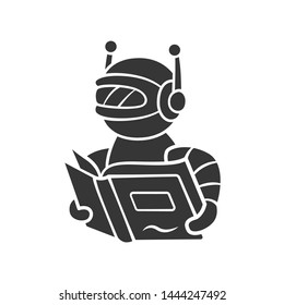 Text Reading Bot Glyph Icon. Screen Reader Application. Virtual Assistant. Robot With Book. Software App. Speech Synthesizer. Silhouette Symbol. Negative Space. Vector Isolated Illustration