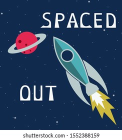 Text reads Spaced Out in retro font. Features a red planet, blue spaceship, and background of dark blue space with stars.