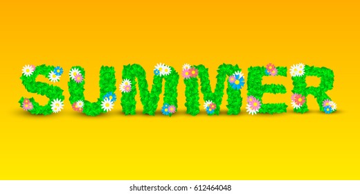 Text from realistic letters of colorful colors and leaves. Ecological text of the summer style. Summer is a wonderful and bright time of year